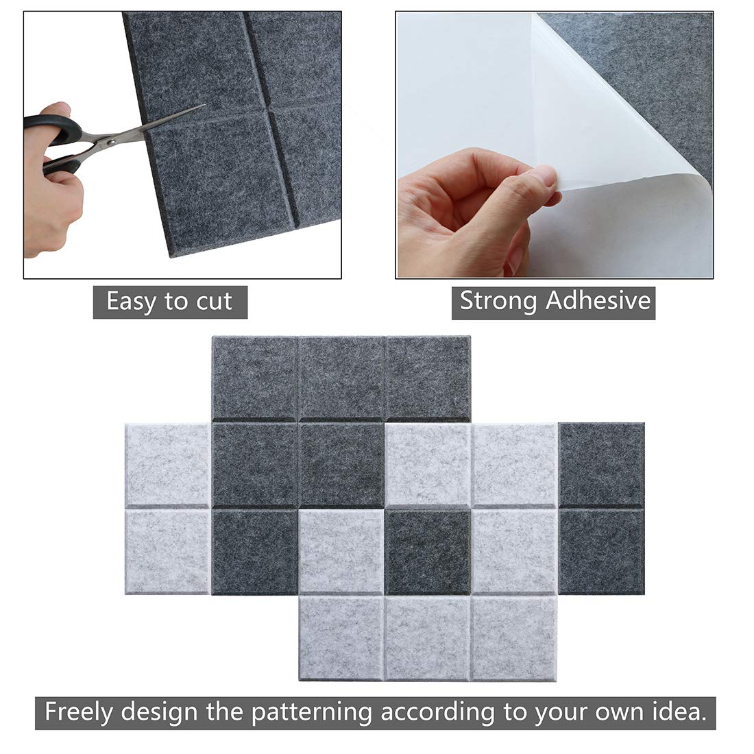 Uoisaiko Large Felt Board Tiles for Wall with Pack of 6 Pin Board Notice Boards for Home Office Kitchen, Bulletin Board Wall Tiles for Photos Memos (Drak Grey+Light Grey, 6 Pack)