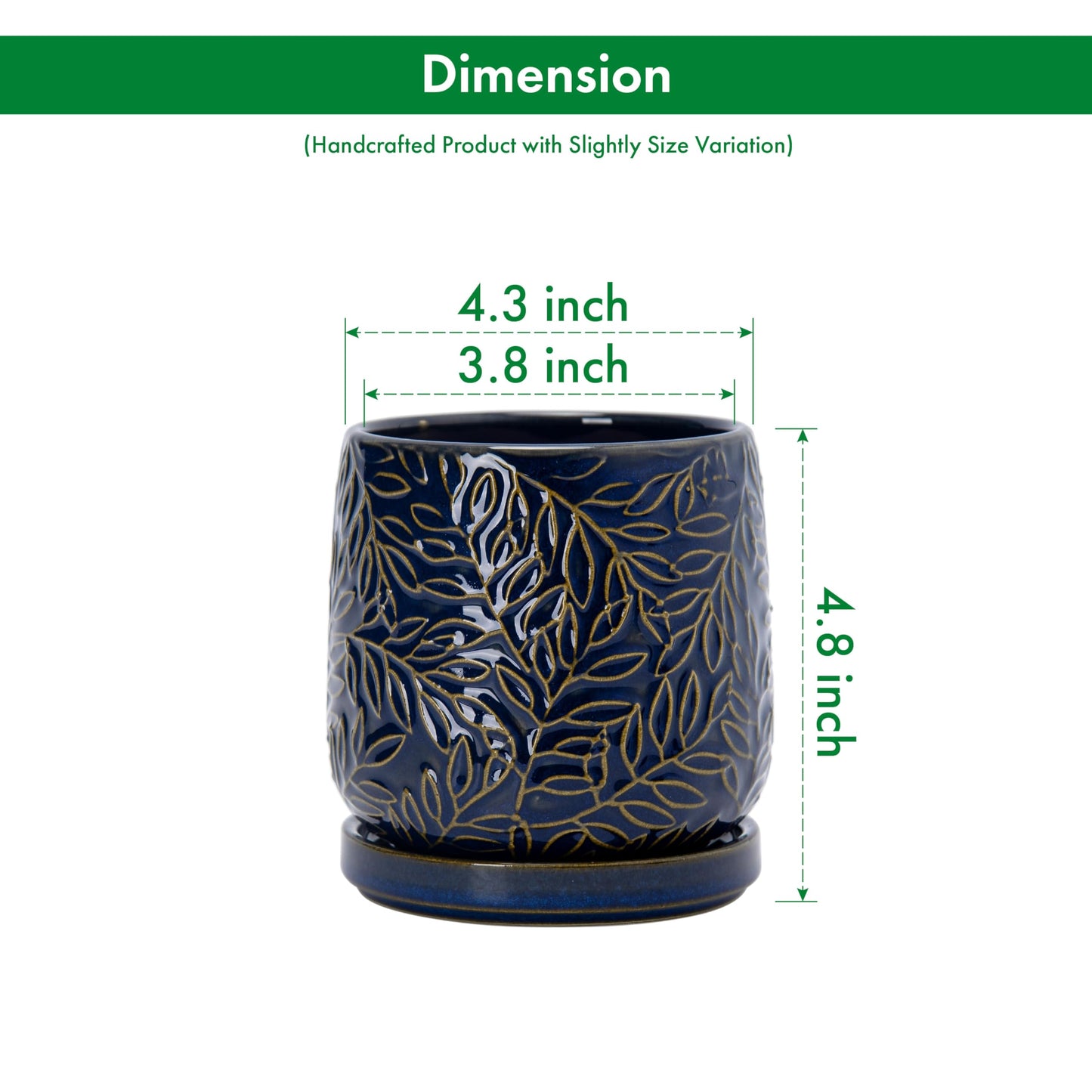 D'vine Dev 4 Inch Embossed Leaves Stoneware Planter Pot with Drainage Hole and Saucer, Midnight Blue, 27-A-Z-3
