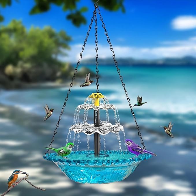 Solar Cascade Hanging Bird Bath Fountain,Solar Powered Cascade Hanging Bird Bath Fountain with Solars Pump,for Outdoor and Gardens (Gray)