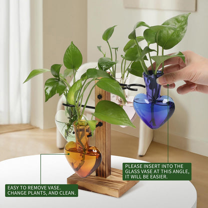 CYZglass Plant Terrarium Propagation Stations with Wooden Stand, Glass Vase for Indoor Hydroponics Home Garden Office Decoration Gift for Women - 4 Love Bulb Vase