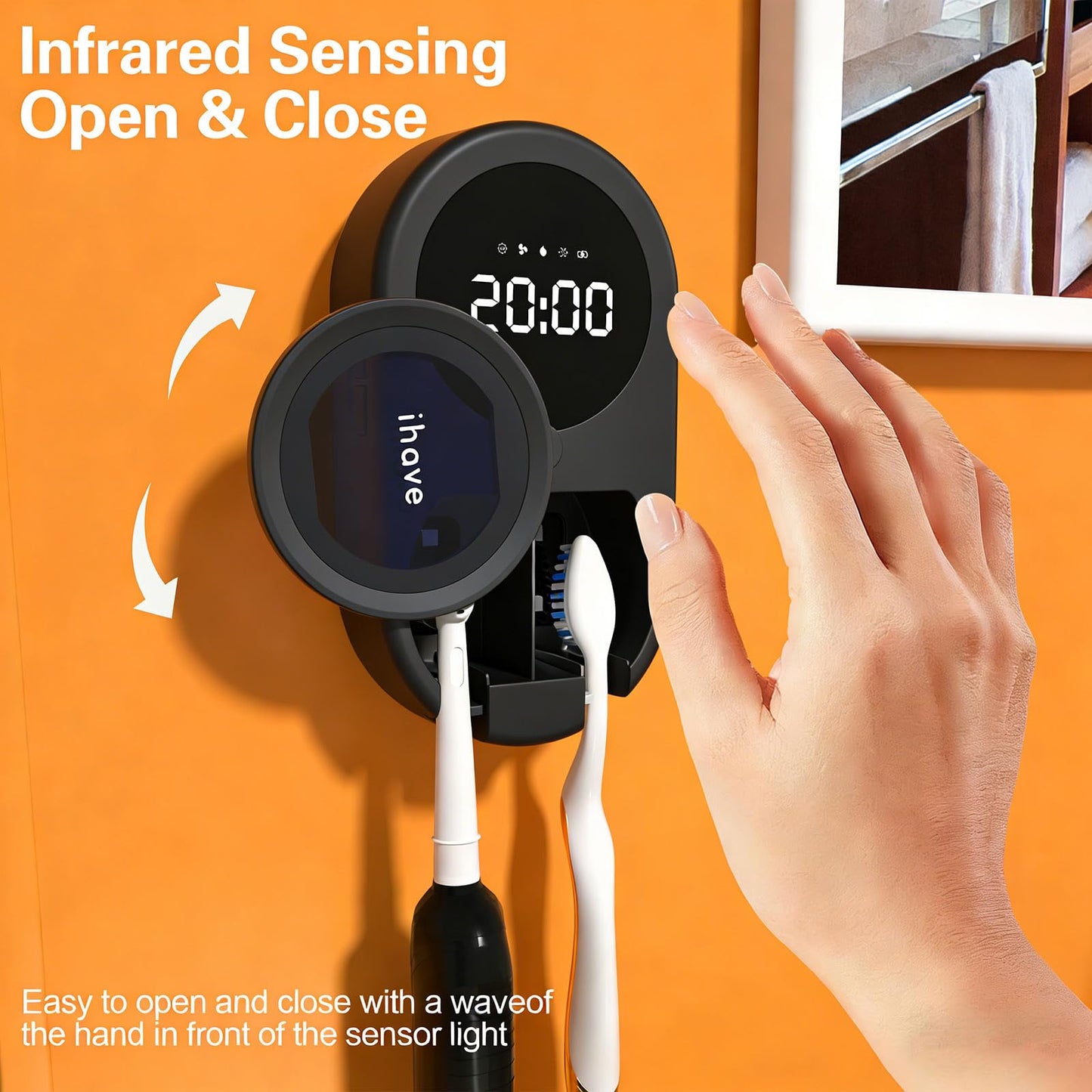iHave Toothbrush Sanitizer Holder with UVC & 100M Negative Ions: Auto-Cycle for 360° Disinfection, Mold & Odor Removal | USB Toothbrush Holders Wall Mounted with Wave Sensor, LED, Heated & Fan Drying