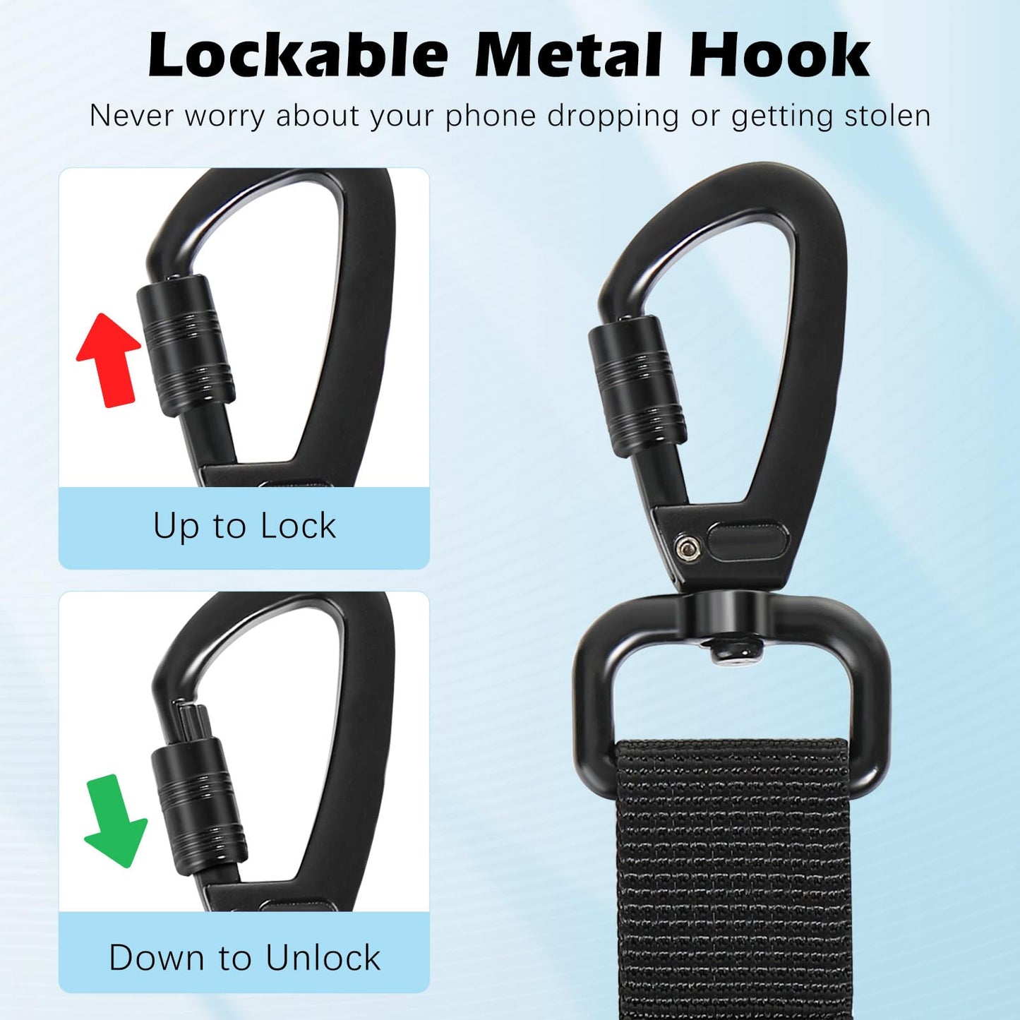 MoKo Anti-theft Phone Tether, Phone Lanyard Retractable Steel Line Cellphone Strap with Locking Carabiner and Metal 360° Tether Tab for Outdoor Skiing Hiking Climbing Fishing, Black&Silver