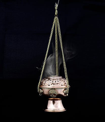 Indian Consigners Copper Altar Incense Charcoal Burner Holder with Chain (Tree of Life)