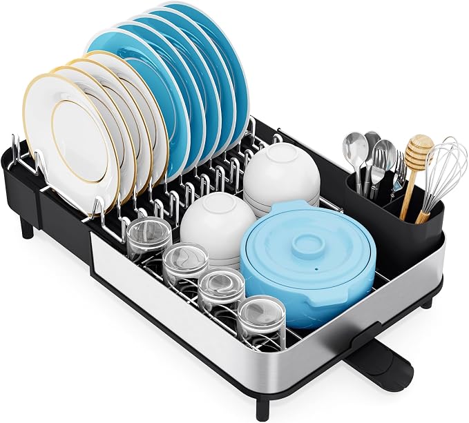 Urackify Dish Drying Rack - Dish Drainer for Kitchen Counter, Stainless Steel Dish Rack with Swivel Draining Spout & Drain Board, Expandable Space-Saving Kitchen Dish Organizer for 3-4 People, Black