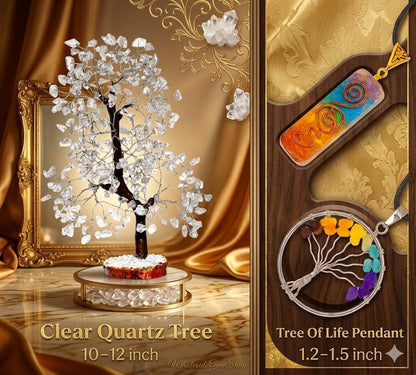 Gemscite Gemstone Clear Quartz Tree Size 10-12" Handmade Feng Shui Figurine Money Bonsai Good Luck Healing Crystals - Silver Wire Balancing Decoration Table Room Decor Gift