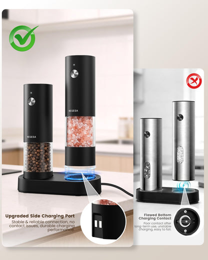 Electric Salt and Pepper Grinder Set, Rechargeable USB Base, Automatic One-Hand Operation, 6 Adjustable Coarseness, 140ml Capacity, LED Light, Refillable for Kitchen, Housewarming Gift