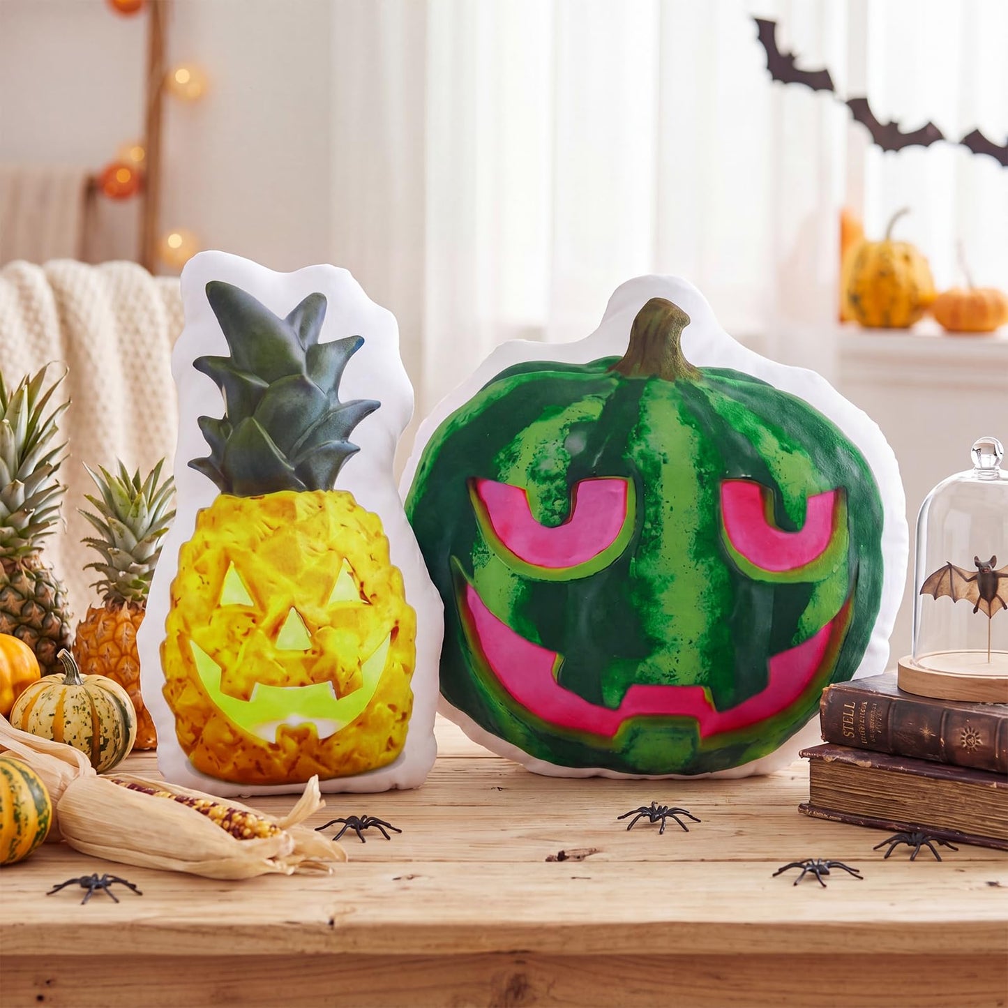 Cinnvoice 2 Pcs Summer Halloween Watermelon Pineapple Jack-o-Lantern Throw Pillows 15.7 Inch Halloween Spooky Summer Decoration for Home, Sofa, Bed, Car, Couch Holiday Decor