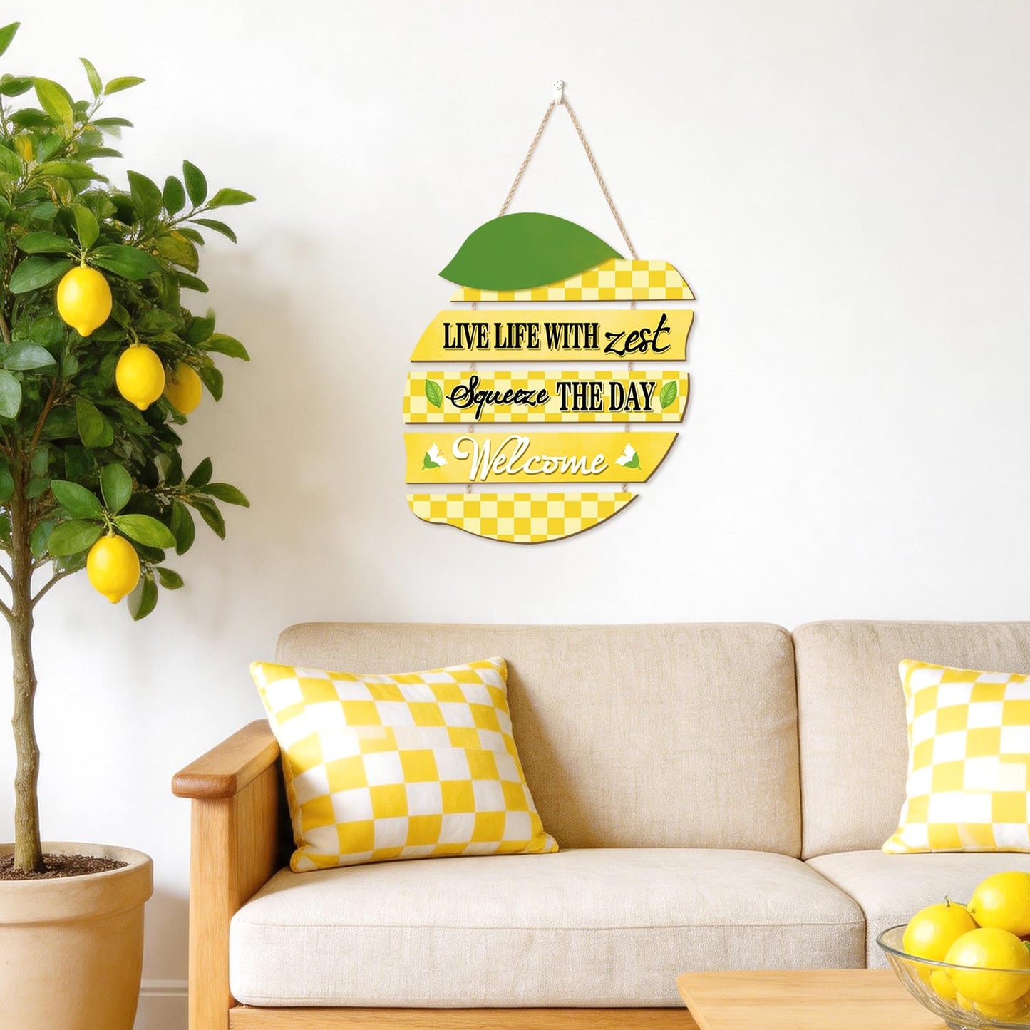 HOURIA Summer Lemon Welcome Front Door Sign Hanging(11.4"x11.5"), Checkered Lemon Wreath Rustic Wooden Wall Decor,Funny Welcome Decorations for Classroom Porch Home Kitchen,Housewarming Gift