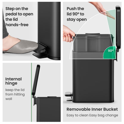 Cesun Bathroom Trash Can with Lid, 2.6 Gallon Small Black Bathroom Garbage Can Soft Close, Stainless Steel Waste Basket with Step Pedal for Bedroom, Laundry Room, Living Room, Home Office, Toilet, RV