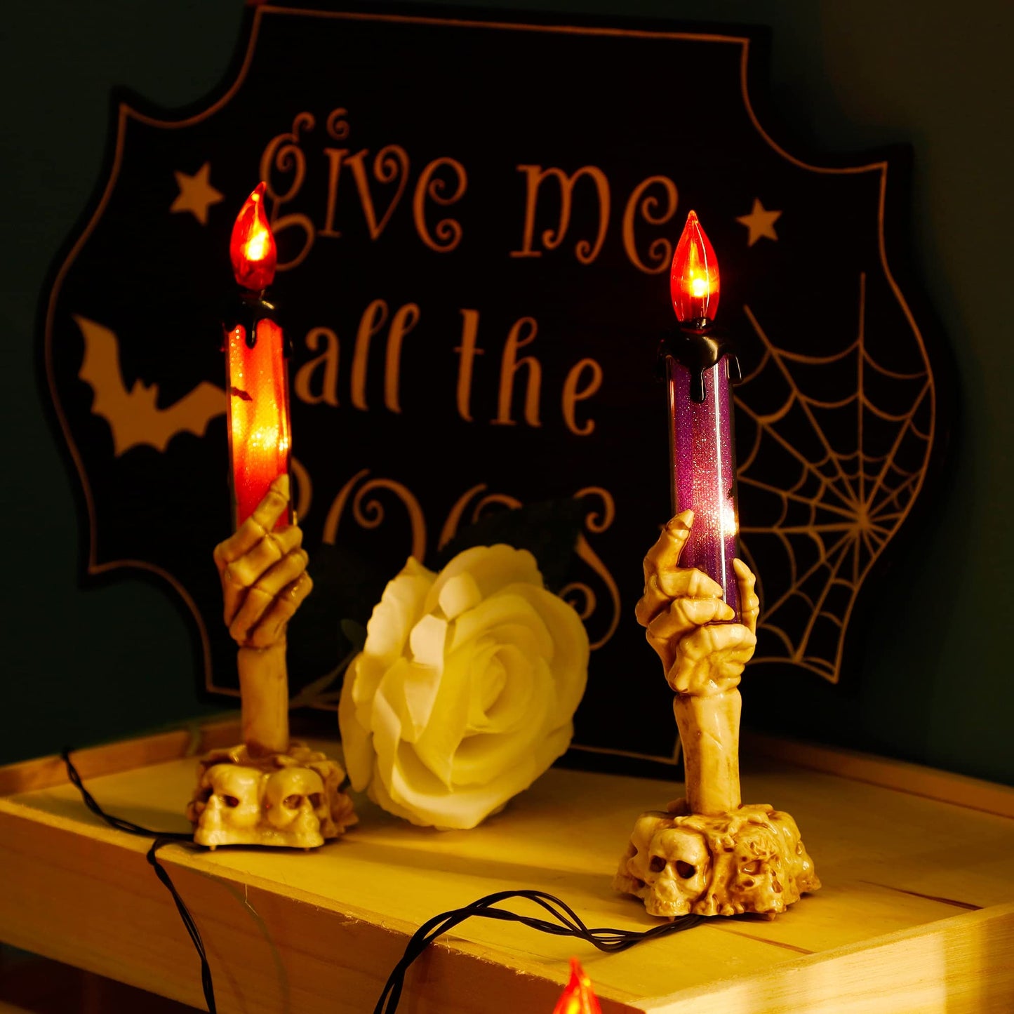 WATERGLIDE Halloween Candle Light Stakes, 5 Pack Skeleton Hands Hold Lighted Candle Pathway Makers, Waterproof Battery Operated with Timer, Light Up Figurine for Indoor Outdoor Holiday Party