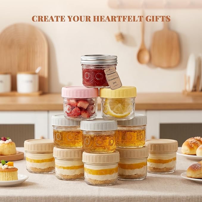 CycleMore 4oz Mason Jars, 12 Pack SunFlower Jar With Silver Separable Lids & Colorful Plastic Lids, Mini Canning Jars for Honey, Jam, Jelly, Wedding Favors, Kitchen Food Storage