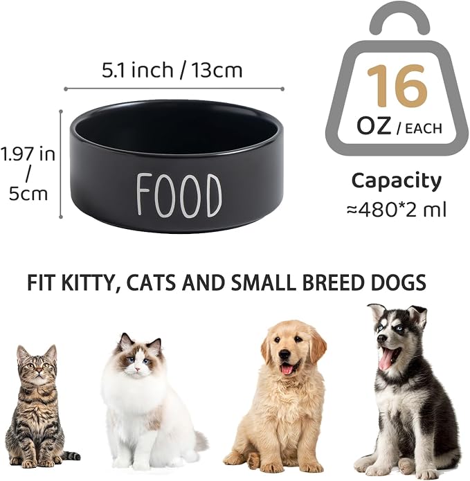 Ceramic Dog Bowls Set of 2 - Weighted Dog Dishes with Food & Water Lettering for Cats and Small Dogs, Food Grade Pet Bowl, Dishwasher & Microwave Safe (5.1 inch, 2 * 16oz, Black)
