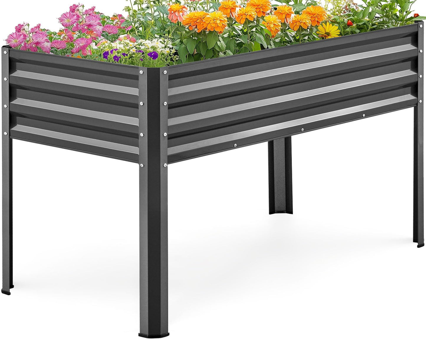 KING BIRD Large Raised Garden Bed with Legs Galvanized Elevated Planter Box 48×24×32 in for Backyard, Patio, Balcony, 400lb Capacity, Dark Grey
