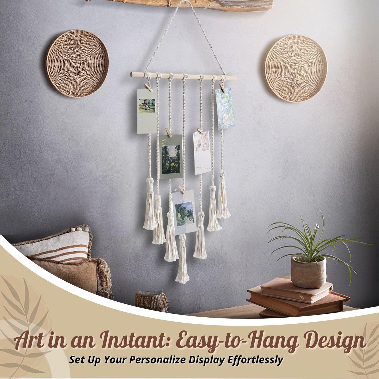 Flexzion Macrame Hanging Photo Display Wall Decor - Handwoven Boho Picture Collage Decor Hanger with 25 Wooden Clips & Cotton String Holder Organizer for Bedroom, Living Room, Home, Dorm, Gift
