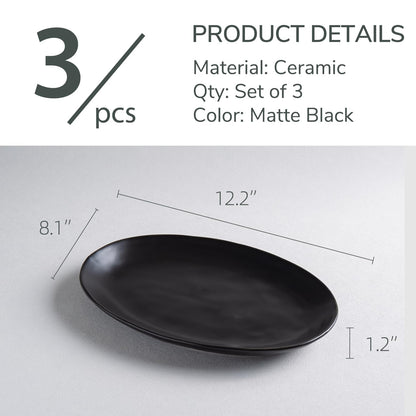 Magclay Porcelain Serving Platters, 12 Inch Large Serving Trays, Oval Serving Plates for Dessert Appetizers Meat/Entertaining/Party, Set of 3, Matte Black