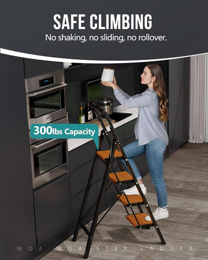 WOA WOA 4 Step Ladder, Ladders for Home, Anti-Slip Pedals, Aluminum Step Stool Foldable, Lightweight to Move, Ease of Storage, Reach 9ft for Closet Kitchen Library, Hold 300lbs - Black&Wood Grain