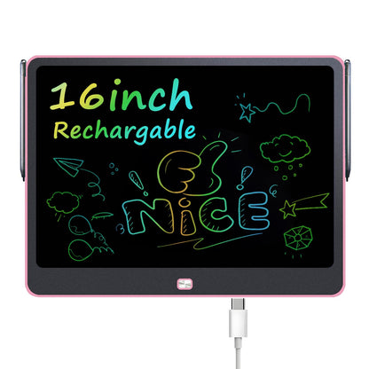 Rechargeable LCD Writing Tablet for Kids, 16 Inch Colorful Drawing Tablet, Educational Toddler Drawing Pad, Reusable Learning Toys for Kids (Ages 3-12), Ideal Gift for Christmas Birthday (Pink)