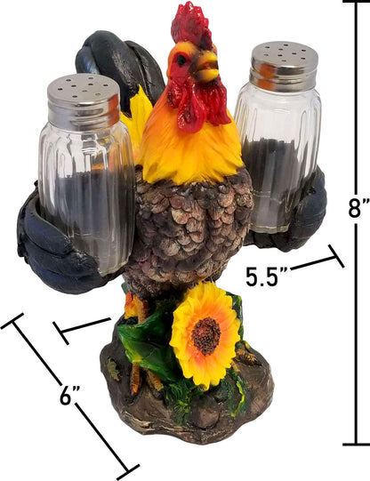 DWK 8-inch Spice to Crow About Country Rooster Salt and Pepper Shaker Figurine Display Holder Kitchen and Dining 3-Piece Set