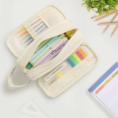 SUNEE Large Capacity Pencil Case with 3 Compartment, Extra Big Pencil Pouch, Pencil Bag with Zipper, Cute Stationery Organizer, Soft Corduroy Pen Box School Supplies for Student Teen Girls Boys, Beige