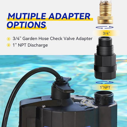 Acquaer 1/3 HP Submersible Water Pump, 115V Sump Pump with 3/4” Garden Hose Adapter, 2160 GPH High Flow Water Removal for Swimming Pool Cover Hot Tubs Flooded House Basement, Black