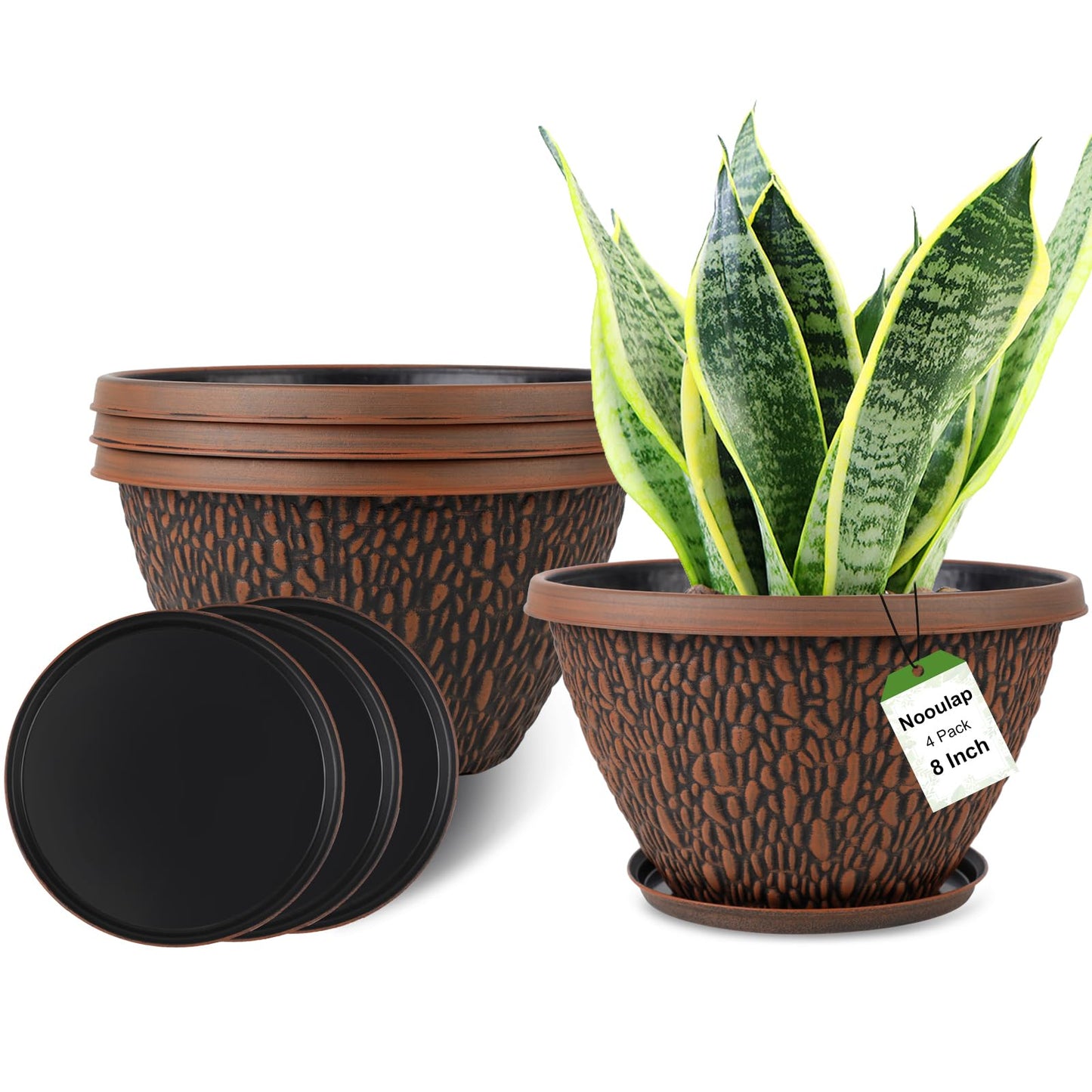 Nooulap 4 Pack 8 inch Small Plant Pots and 4 Pack 16 inch Large Flower Pots, for Indoor Outdoor Plants, Plastic Flower Pots Outdoor with Drainage Hole & Tray, Lightweight Planters Garden Home Decor