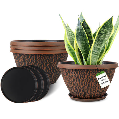Nooulap 4 Pack 8 inch Small Plant Pots and 4 Pack 16 inch Large Flower Pots, for Indoor Outdoor Plants, Plastic Flower Pots Outdoor with Drainage Hole & Tray, Lightweight Planters Garden Home Decor