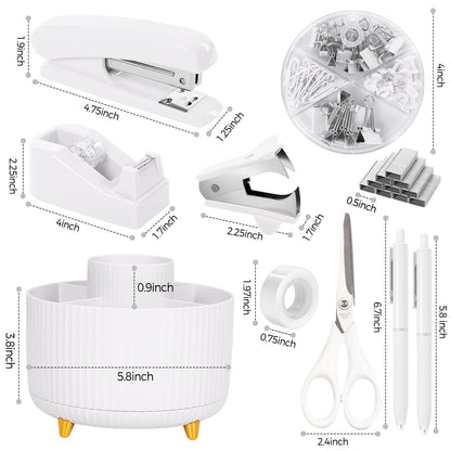 SKYDUE White Office Supplies Set, Office Desk Accessories 10PCS, Pencil Holder for Desk, Stapler, Tape Dispenser, Scissors, Ruler, Binder/Paper Clips and 1000pcs Staples,Desk Supplies Set