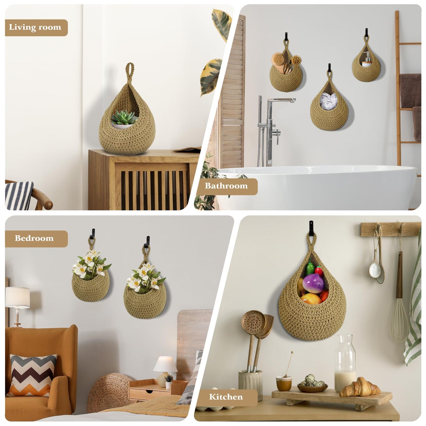 CKCY Hanging Fruit Baskets for Kitchen, 3 Pack Boho Wall Hanging Basket Woven Storage Garlic Keeper for Vegetable Produce Hammock Holder Home Kitchen Decor, Brown