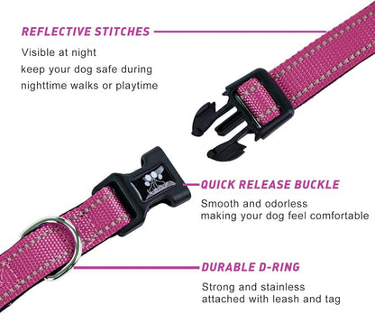 FURRYFECTION Reflective Dog Collar and Leash Set with Quick Release Buckle, Padded with Neoprene Adjustable Nylon Dog Collar for Small Medium and Large Dogs (Medium Collar+5FT Leash, Hot Pink)