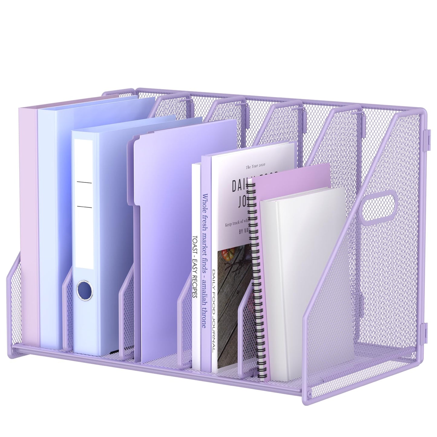 MINDEPOT Desk File Organizer Metal Desk Magazine Folder Holder with 5 Vertical Compartments Rack File Organizer for Office, Home, School (Purple)