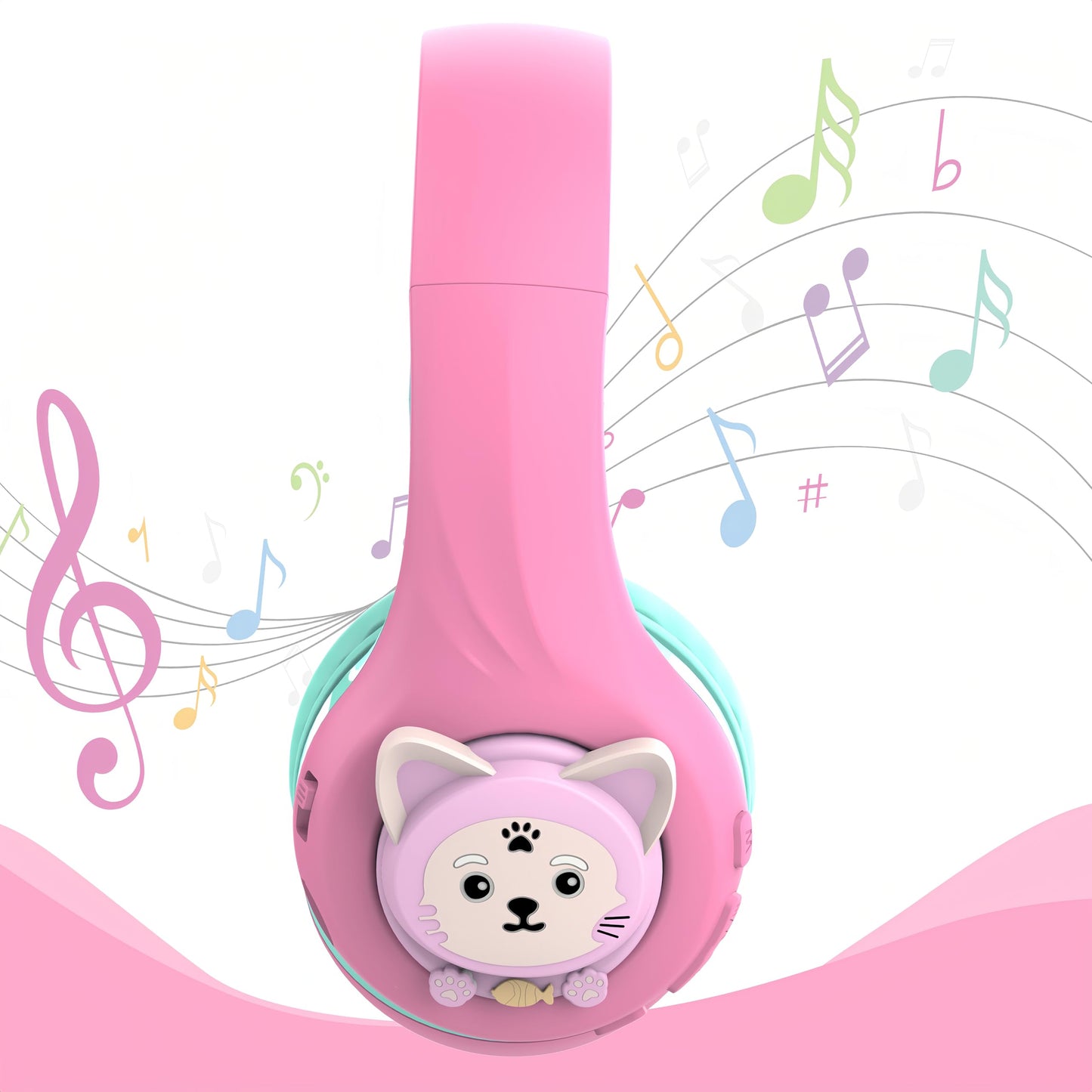 Riwbox CB-7S Kids Wireless Headphones,with Safe Volume Control 74/85/95dB,LED Glow Lights,50H Playtime,Bluetooth V5.3,Built-in Mic, TF Card Slot,for Travel/School/Phone/Laptop (Pink&Green)