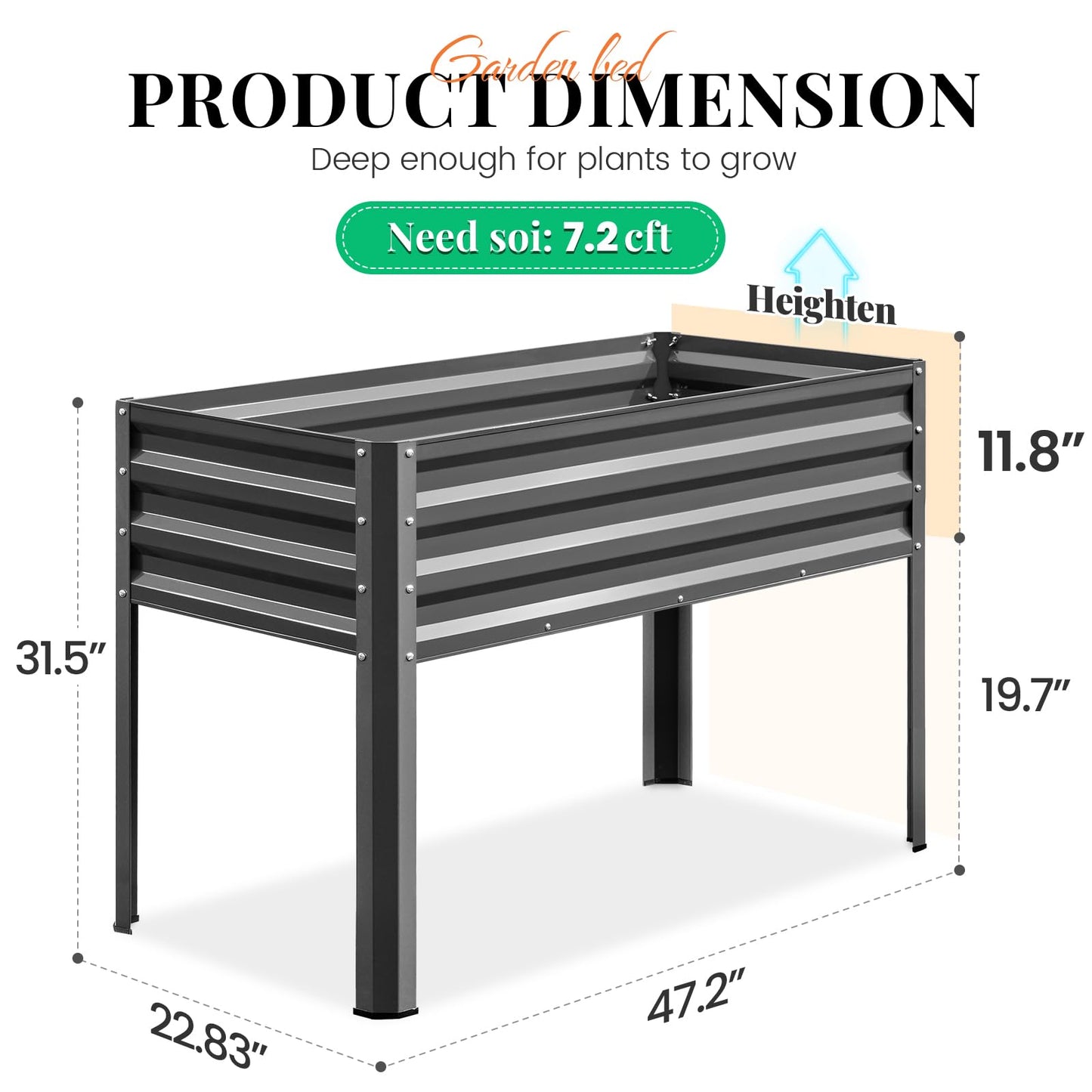 KING BIRD Large Raised Garden Bed with Legs Galvanized Elevated Planter Box 48×24×32 in for Backyard, Patio, Balcony, 400lb Capacity, Dark Grey