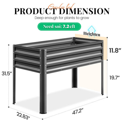 KING BIRD Large Raised Garden Bed with Legs Galvanized Elevated Planter Box 48×24×32 in for Backyard, Patio, Balcony, 400lb Capacity, Dark Grey
