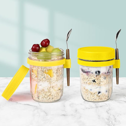 16oz Glass Mason Overnight Oats Jars, Cereal, Yogurt, Salad Lunch,Glass Overnight Oats Containers with Lids and Spoon, Container with Measurement Marks - (Yellow-2Pcs)