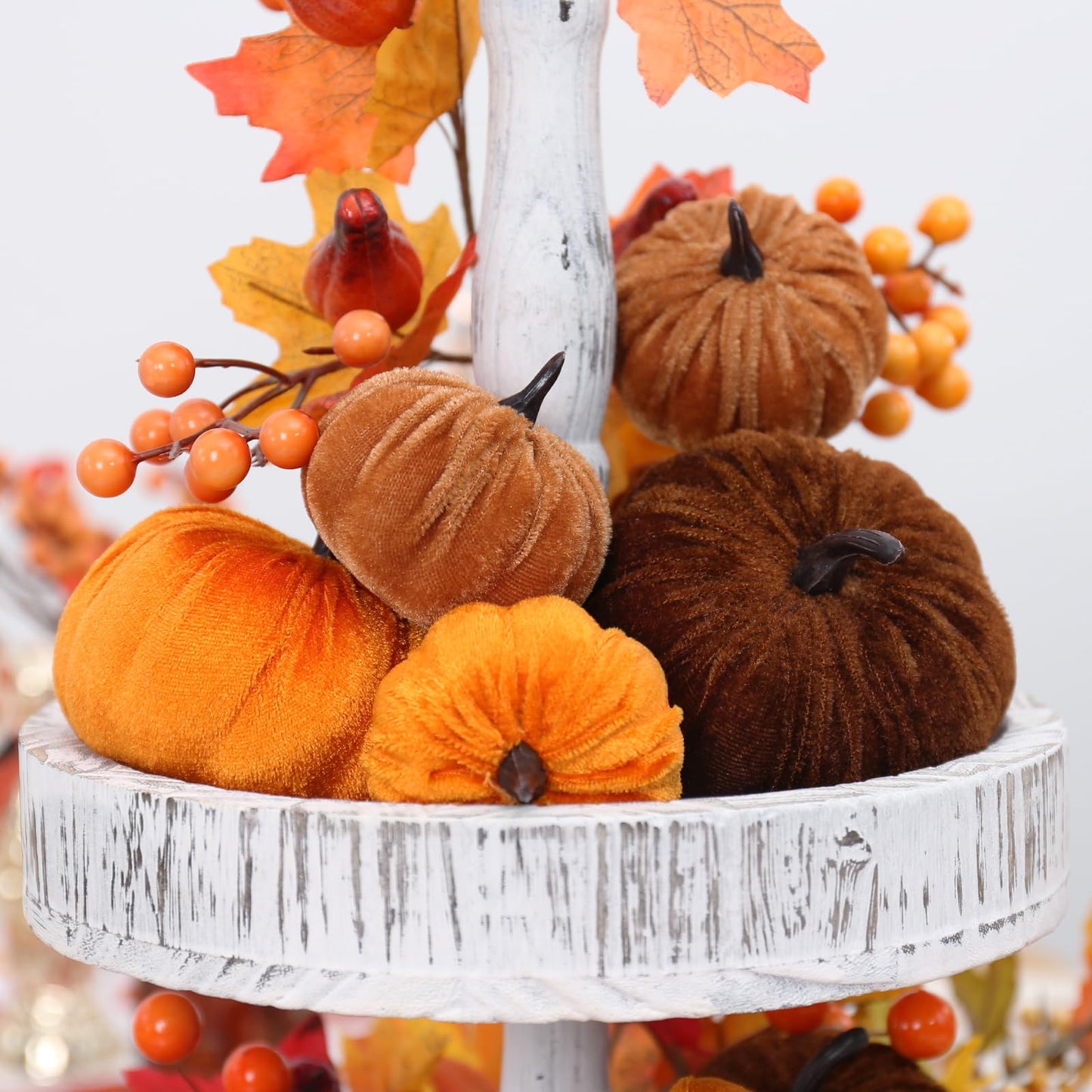 PurpleSwan 17 Pack Fall Artificial Velvet Pumpkins Decorations, Foam Faux Flocked Pumpkin Including Wooden Hello Pumpkins Sign, for Home Autumn Harvest Theme Party Halloween Thanksgiving Table Decor.