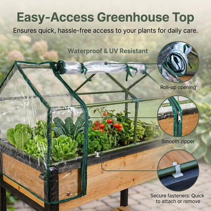 GOJ Raised Garden Bed Wood 48x24x32 inch with Greenhouse & Lockable Wheels - Elevated Wood Planter Box for Outdoors Vegetable Flower Bed Herb Planter - 400 lbs Capacity