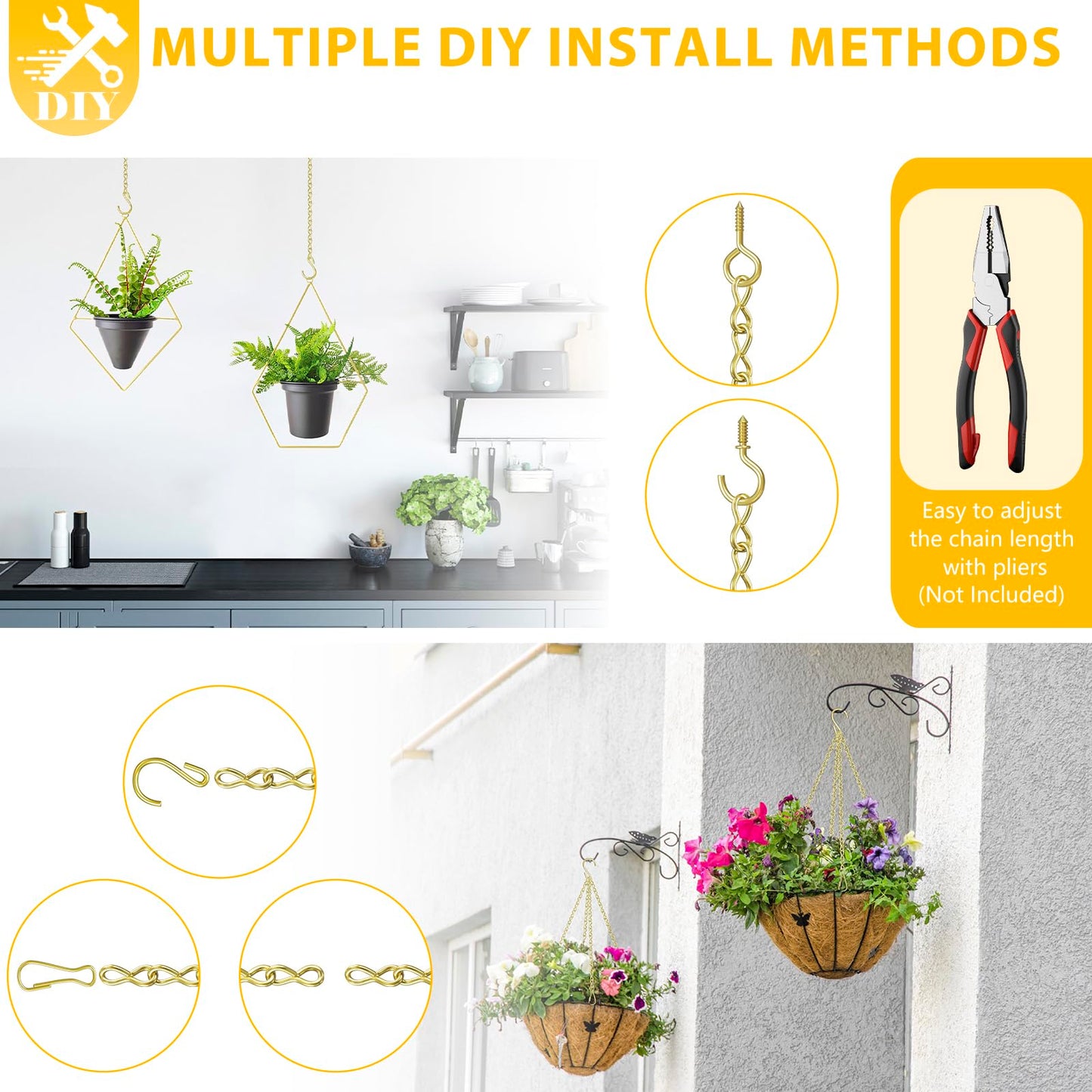 garini Hanging Plant Hooks,200 Inch Metal Glod Hanging Chain with S Hooks for Hanging Plants, Photo, Lantern, Billboards and Planters
