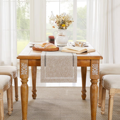 Aoztio Burlap Style Farmhouse Table Runner, 13 x 48 Inch Coffee, Rustic Geometric Hollow Table Runners 48 Inches Long for Dresser Table Everyday Use, 13x48 Inches, Coffee