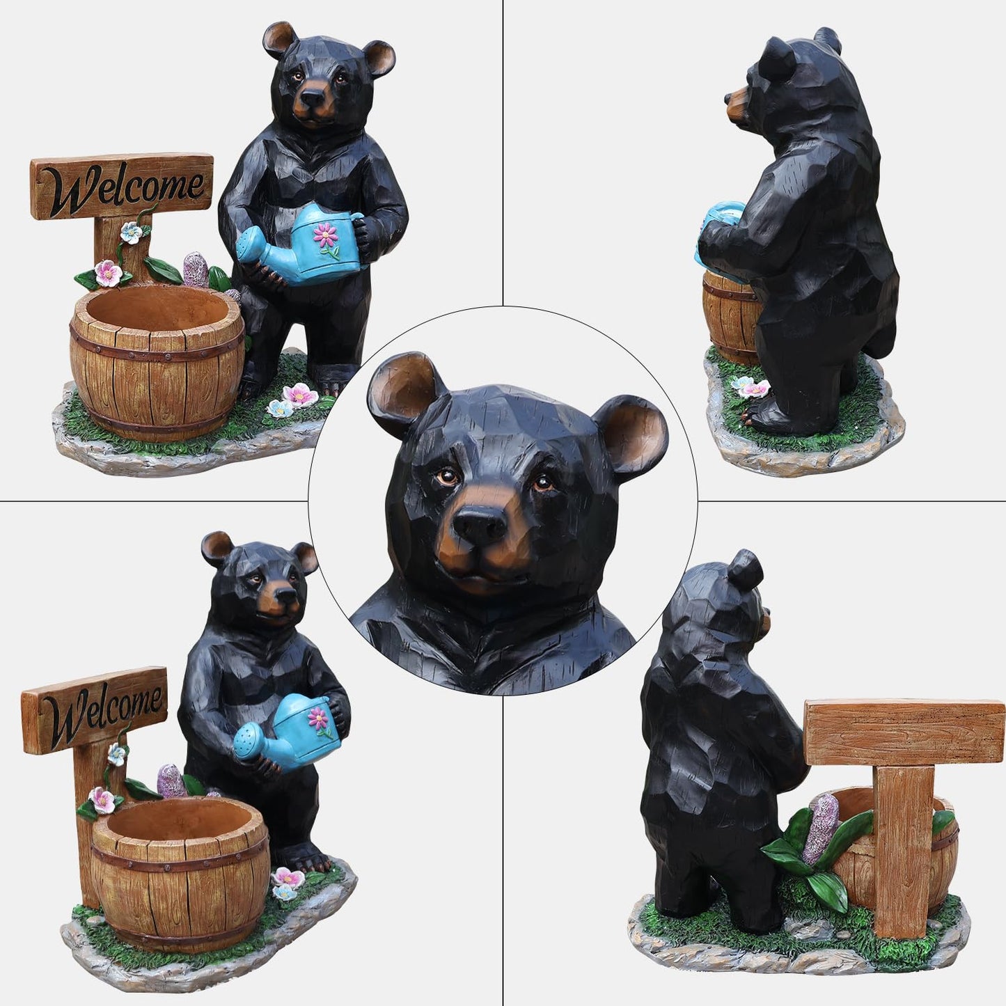 elesculor Black Bear Garden Statue Planter with Welcome Sign & Watering Can, Resin Outdoor Flower Pot, Decorative Animal Planter for Patio, Yard, Lawn, Cabin Decor