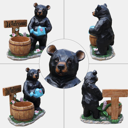 elesculor Black Bear Garden Statue Planter with Welcome Sign & Watering Can, Resin Outdoor Flower Pot, Decorative Animal Planter for Patio, Yard, Lawn, Cabin Decor