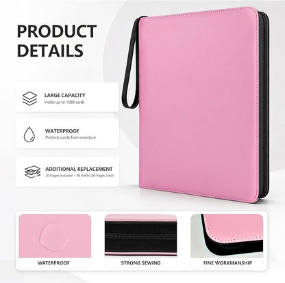 9 Pocket Trading Card Zip Binder - Holds 1080 Cards, 60 Pages Large-Capacity,Double-Sided Removable Sleeves, Suitable for Game Cards/Sports Cards Storage,Pink