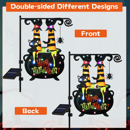 Halloween Lighted Garden Flag 12x18 Inch Witch Feet Shaped Flags 8 Modes Double Side LED Solar Yard Flags Cauldron Eyeball Black Cat Decorations for Garden Patio Yard Lawn Outside Home Decor