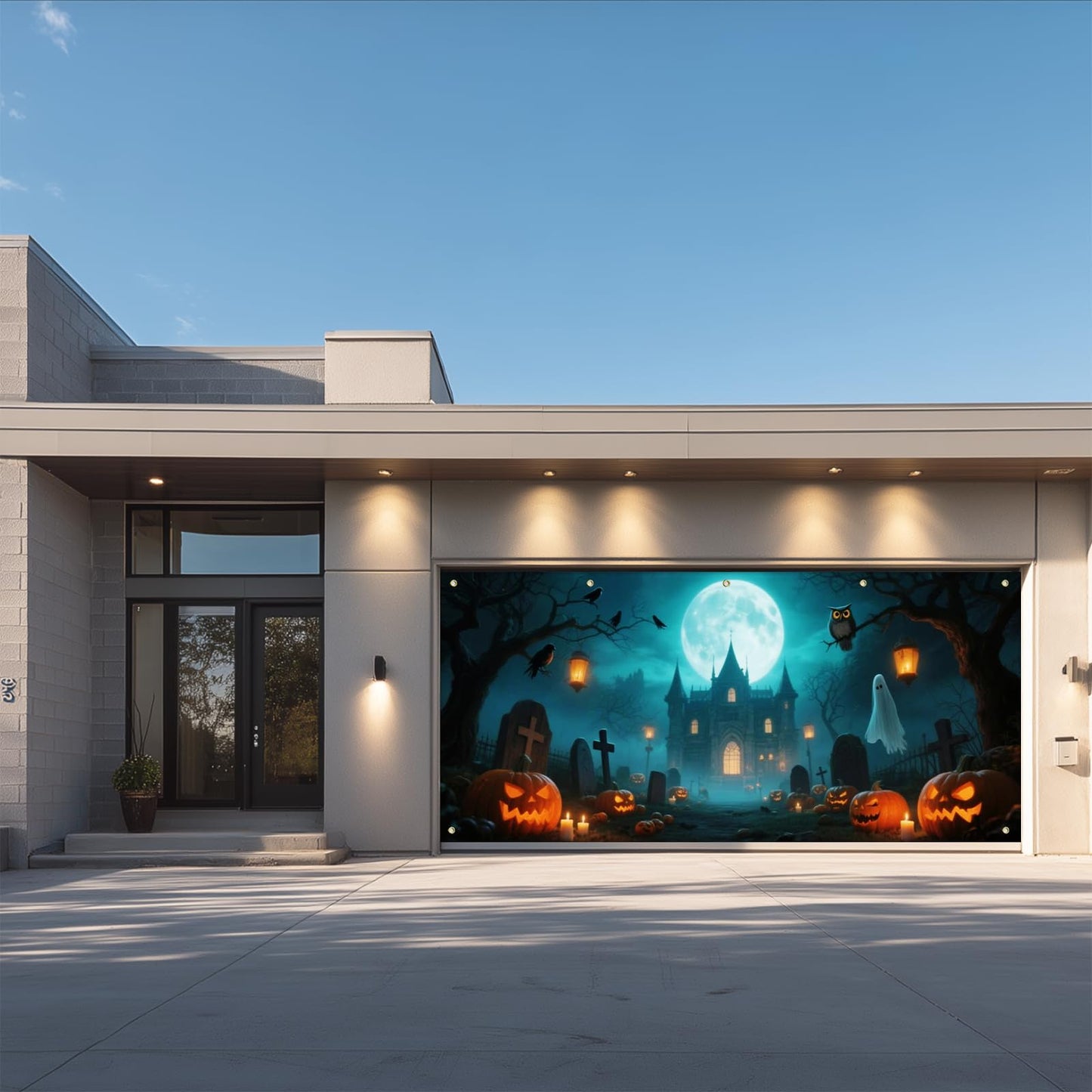 IVN Halloween Garage Door Cover 13x6ft Haunted Castle with Ghosts and Jack-o’-Lanterns Scene Garage Decoration with Green Moonlit Forest Halloween Decorations Outdoor