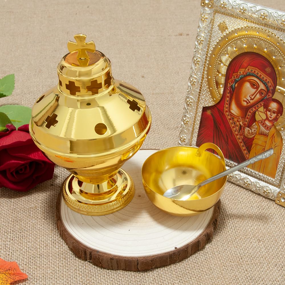 RZRHMUHN Orthodox Church Mass Supplies Greek Style Incense Burner Holy Grail with Spoon Religious Gift Altar Decoration (Incense Burner)