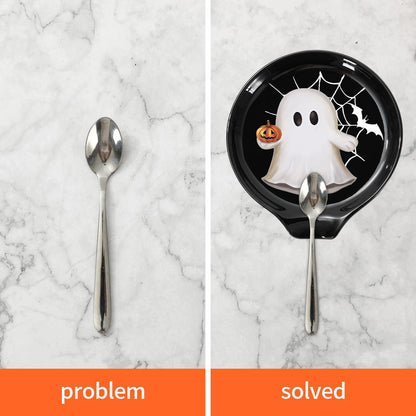 JarThenaAMCS 2Pcs 4.7inch Halloween Spoon Rest Black White Orange Ghost Pumpkin Small Coffee Spoon Holder for Halloween Bar Coffee Station Accessories