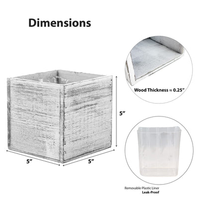 CYS EXCEL 2 PCS 5" White Cube Planter Box with Removable Plastic Liner | Multiple Choices Natural Wood Square Planter | Indoor Decorative Window Box