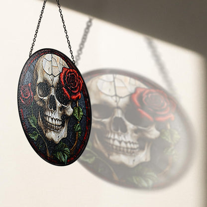7.8" Skull Rose Stained Glass Suncatcher, Gothic Window Hanging Ornament for Home Decor, Unique Halloween Decoration with Red Rose Skull Art, Spooky Gothic Room Accent ART-03E-SG8