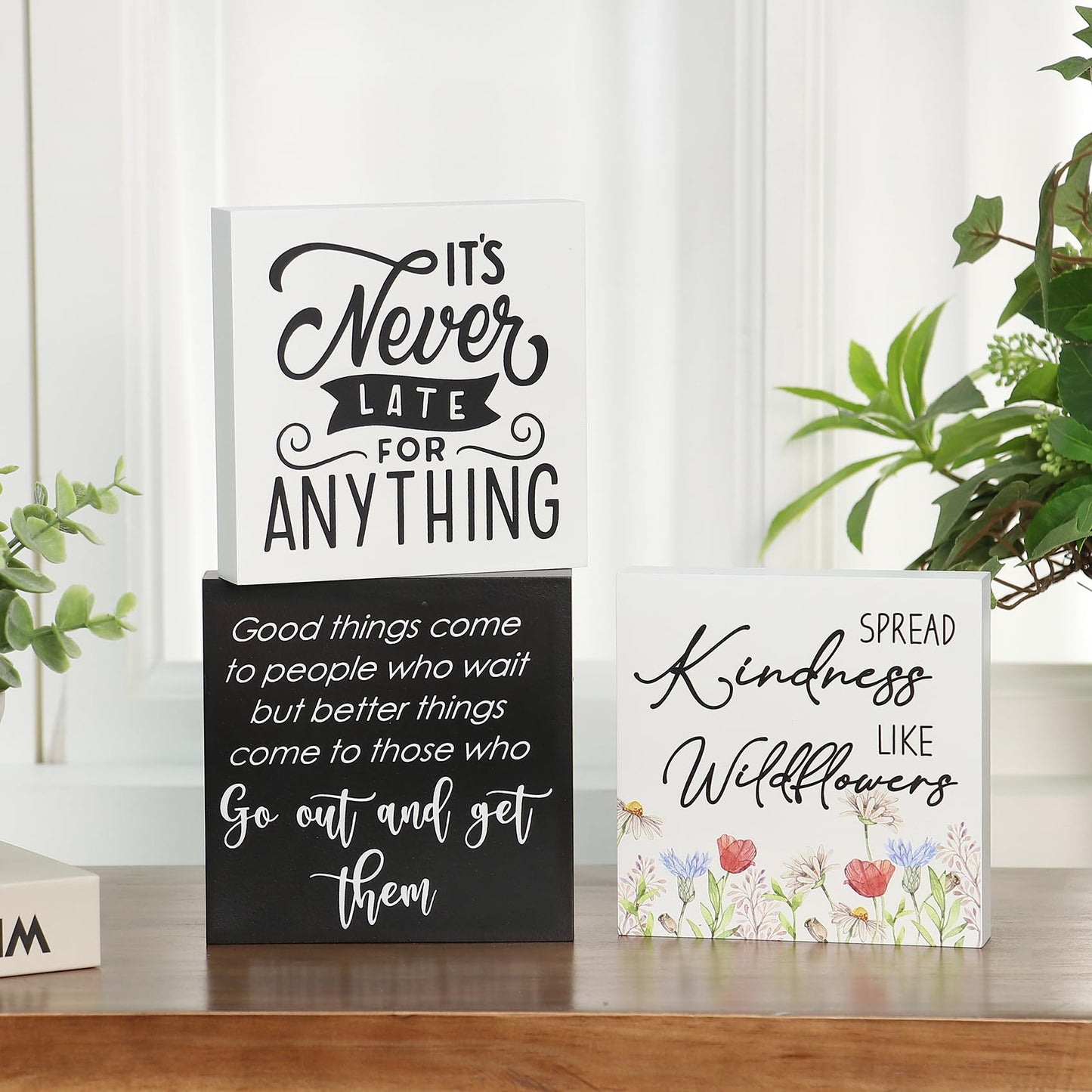 3 Pcs Inspirational Wood Box Sign Set, 5x5 Inches Motivational Quotes Wooden Blocks, Rustic Table Centerpiece Decorations