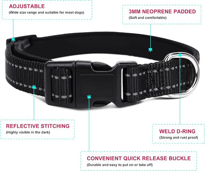 Soft Neoprene Padded Dog Collar and Leash Set for Small Medium Large Dogs, Reflective Durable Nylon Dog Collar with 5ft Leash Easy for Walking, Black,Neck fit 12.5-19.5’’