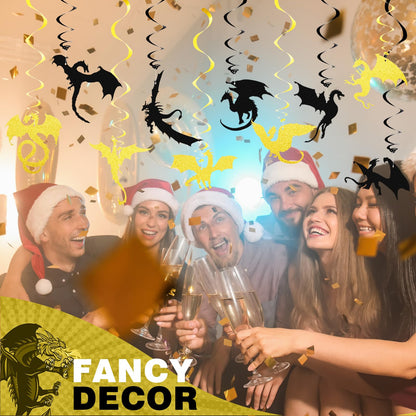 Sumind 30 Pcs Dragon Hanging Swirls Party Decorations, Black and Gold Dragon Ceiling Hanging Decor for Medieval Fantasy Themed Birthday Party Supplies, 10 Designs